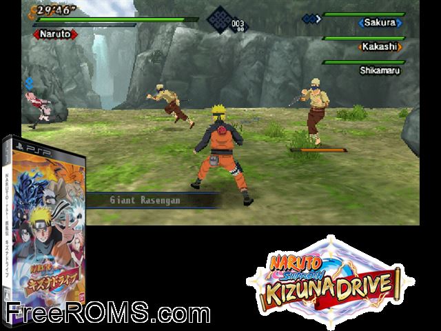 Naruto Shippuden - Kizuna Drive (Japan) PSP game showing 3D box cover and gameplay screenshot