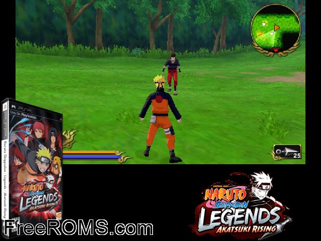 Naruto Shippuden - Legends - Akatsuki Rising PSP game showing 3D box cover and gameplay screenshot