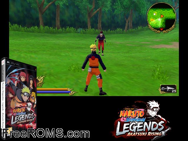 Naruto Shippuden - Legends - Akatsuki Rising (Europe) PSP game showing 3D box cover and gameplay screenshot