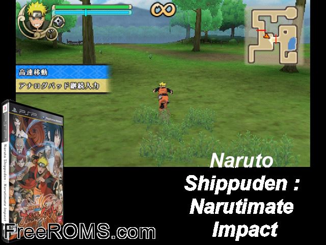 Naruto Shippuden - Narutimate Impact (Japan) PSP game showing 3D box cover and gameplay screenshot