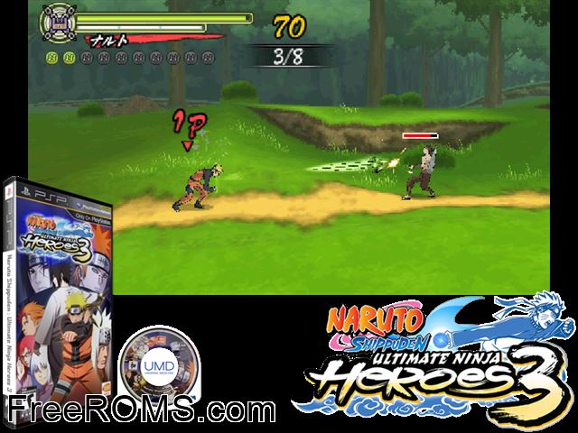 Naruto Shippuden - Ultimate Ninja Heroes 3 PSP game showing 3D box cover and gameplay screenshot