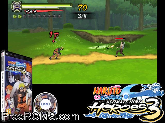 Naruto Shippuden - Ultimate Ninja Heroes 3 (Europe) PSP game showing 3D box cover and gameplay screenshot