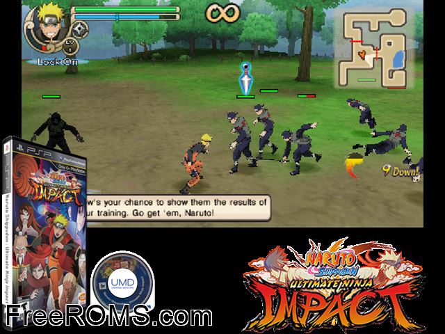 Naruto Shippuden - Ultimate Ninja Impact (Europe) PSP game showing 3D box cover and gameplay screenshot