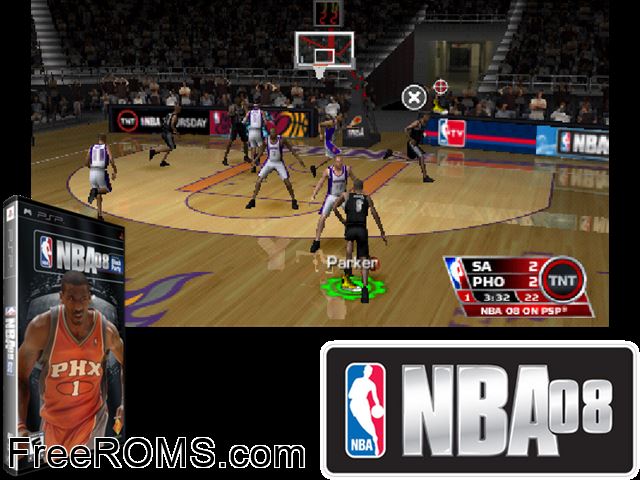 NBA 08 PSP game showing 3D box cover and gameplay screenshot