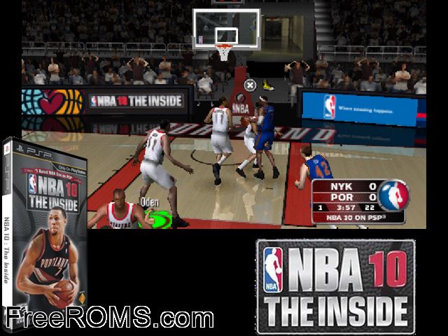 NBA 10 The Inside PSP game showing 3D box cover and gameplay screenshot