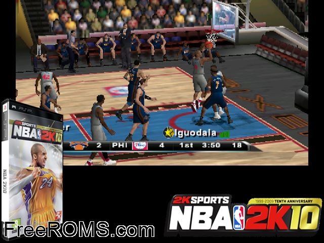 NBA 2k10 (Europe) PSP game showing 3D box cover and gameplay screenshot