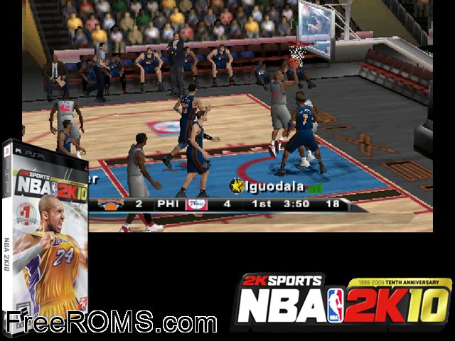 NBA 2k10 (Japan) PSP game showing 3D box cover and gameplay screenshot