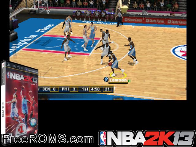 NBA 2K13 PSP game showing 3D box cover and gameplay screenshot