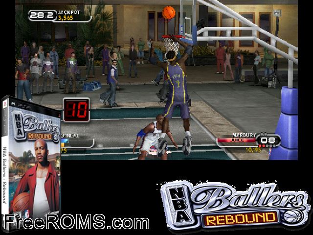 NBA Ballers Rebound PSP game showing 3D box cover and gameplay screenshot