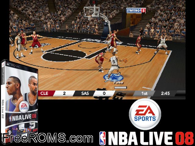NBA Live 08 PSP game showing 3D box cover and gameplay screenshot