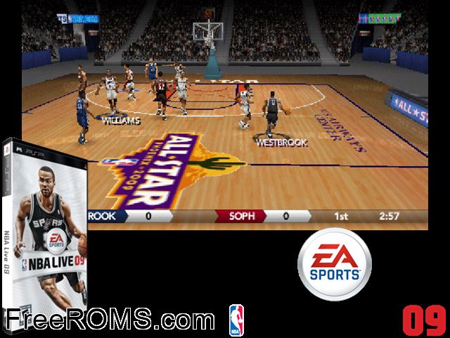 NBA Live 09 PSP game showing 3D box cover and gameplay screenshot