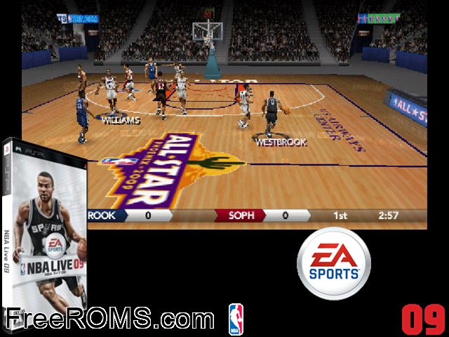 NBA Live 09 (Japan) PSP game showing 3D box cover and gameplay screenshot