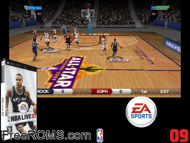 NBA Live 09 (Europe) PSP game showing 3D box cover and gameplay screenshot
