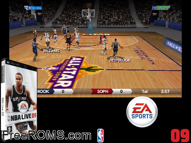 NBA Live 09 (France) PSP game showing 3D box cover and gameplay screenshot