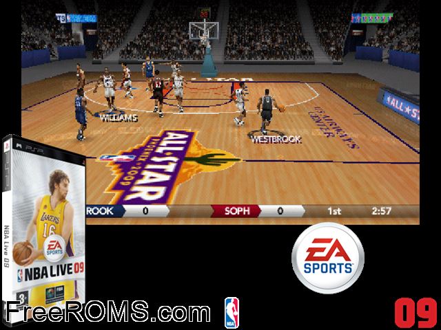 NBA Live 09 (Spain) PSP game showing 3D box cover and gameplay screenshot