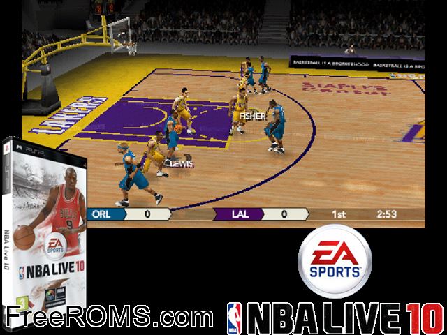 NBA Live 10 (Europe) PSP game showing 3D box cover and gameplay screenshot