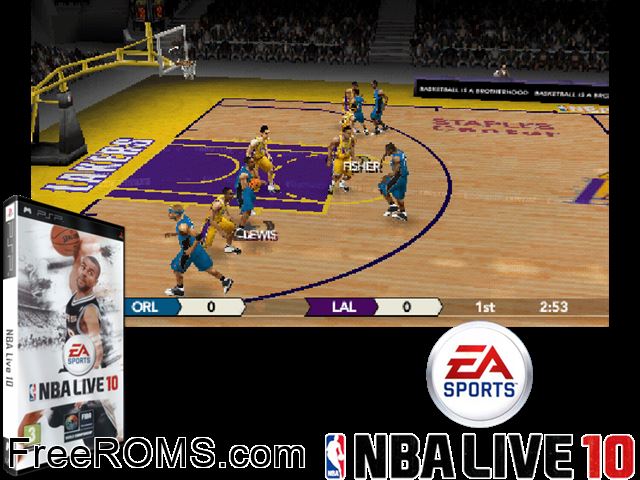NBA Live 10 (France) PSP game showing 3D box cover and gameplay screenshot