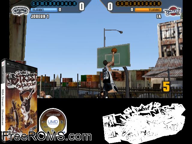 NBA Street Showdown PSP game showing 3D box cover and gameplay screenshot