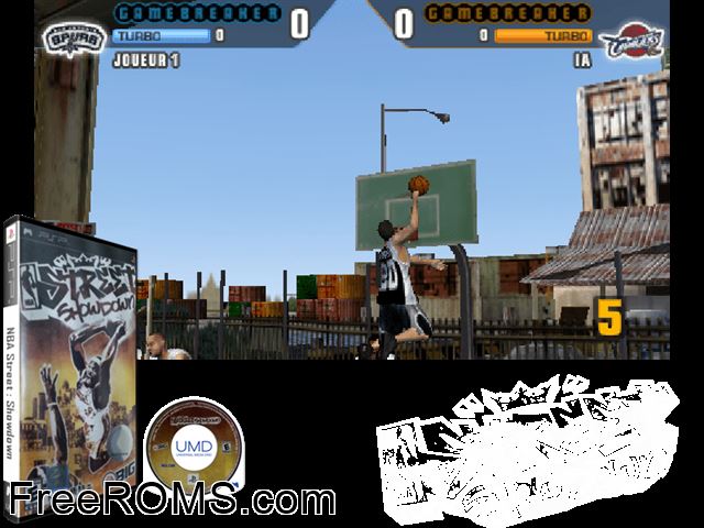 NBA Street Showdown (Japan) PSP game showing 3D box cover and gameplay screenshot