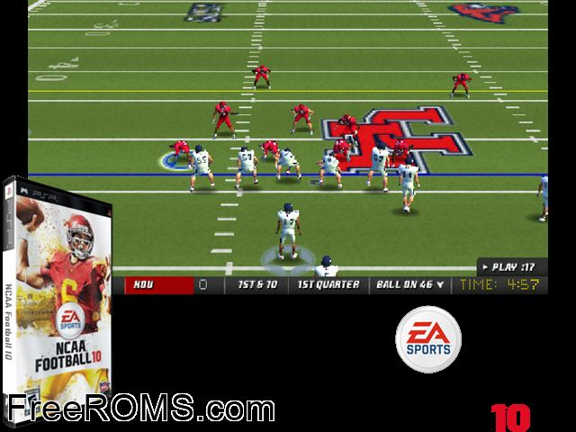 NCAA Football 10 PSP game showing 3D box cover and gameplay screenshot