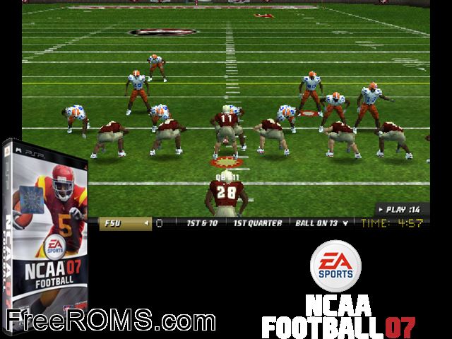 NCAA Football 2007 PSP game showing 3D box cover and gameplay screenshot