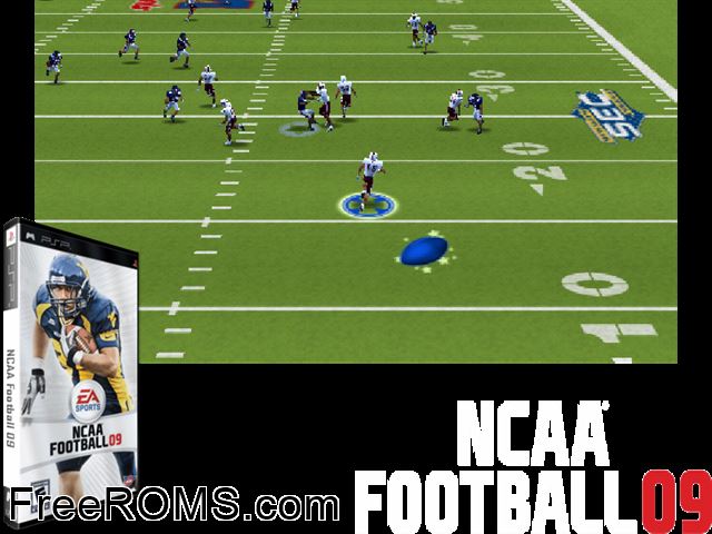 NCAA Football 2009 PSP game showing 3D box cover and gameplay screenshot