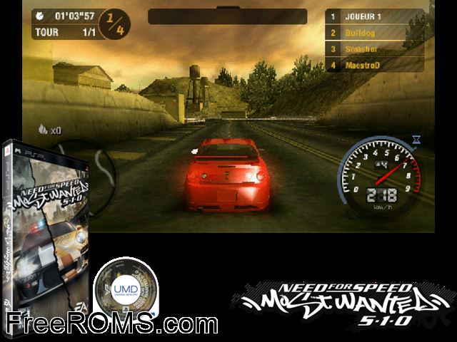 Need For Speed - Most Wanted 5-1-0 (China) PSP game showing 3D box cover and gameplay screenshot