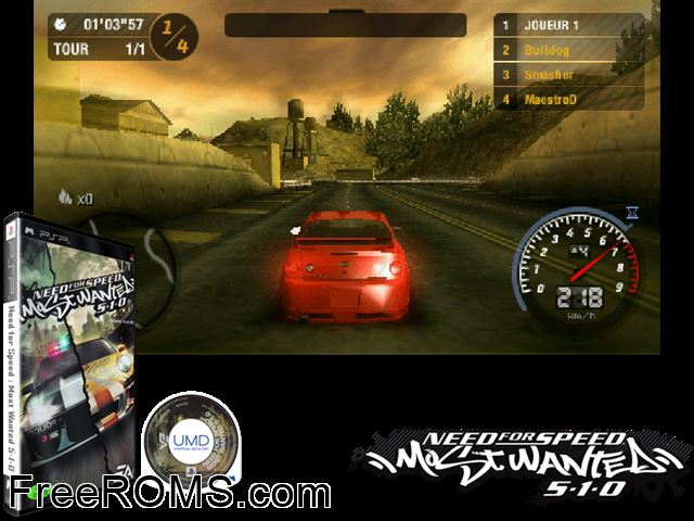 Need For Speed - Most Wanted 5-1-0 (Korea) PSP game showing 3D box cover and gameplay screenshot