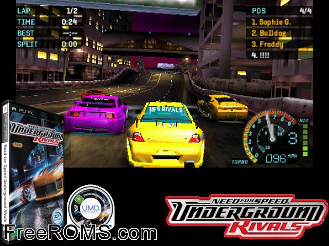 Need For Speed - Underground Rivals (Korea) PSP game showing 3D box cover and gameplay screenshot