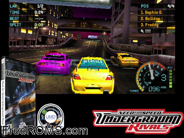 Need For Speed Underground Rivals PSP game showing 3D box cover and gameplay screenshot