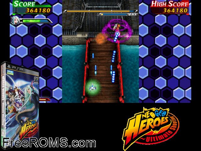 Neogeo Heroes - Ultimate Shooting (Japan) PSP game showing 3D box cover and gameplay screenshot