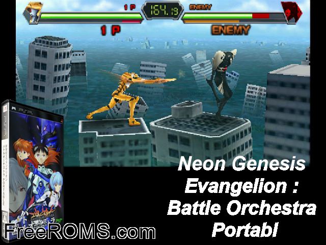 Neon Genesis Evangelion - Battle Orchestra Portable (Japan) PSP game showing 3D box cover and gameplay screenshot