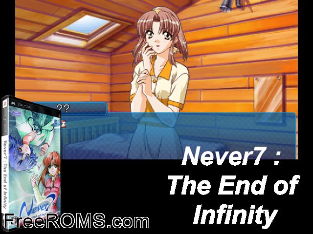 Never7 - The End of Infinity (Japan) PSP game showing 3D box cover and gameplay screenshot
