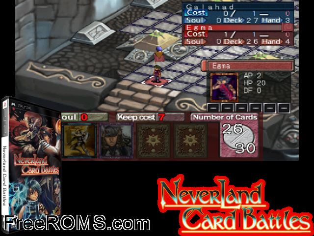 Neverland Card Battles PSP game showing 3D box cover and gameplay screenshot