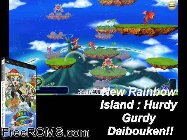 New Rainbow Island - Hurdy Gurdy Daibouken!! (Japan) PSP game showing 3D box cover and gameplay screenshot