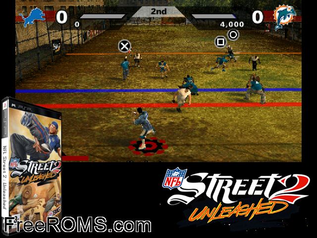 NFL Street 2 Unleashed PSP game showing 3D box cover and gameplay screenshot