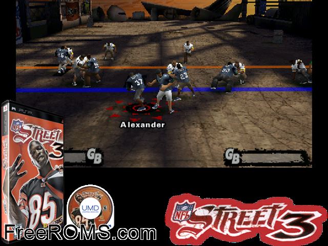 NFL Street 3 PSP game showing 3D box cover and gameplay screenshot