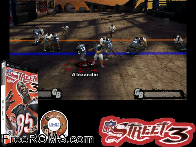 NFL Street 3 (Europe) PSP game showing 3D box cover and gameplay screenshot