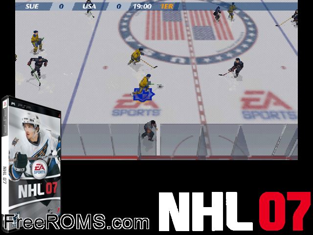 NHL 07 PSP game showing 3D box cover and gameplay screenshot
