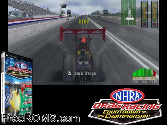 NHRA Drag Racing - Countdown to The Championship PSP game showing 3D box cover and gameplay screenshot
