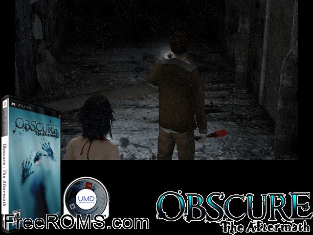Obscure The Aftermath PSP game showing 3D box cover and gameplay screenshot