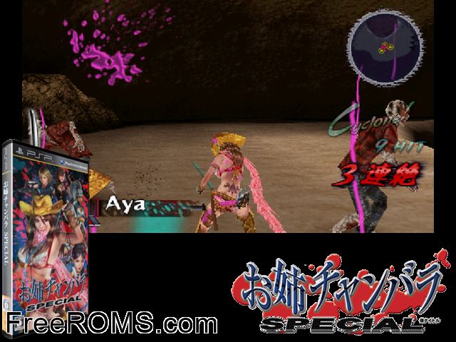 Onechanbara Special (Japan) PSP game showing 3D box cover and gameplay screenshot