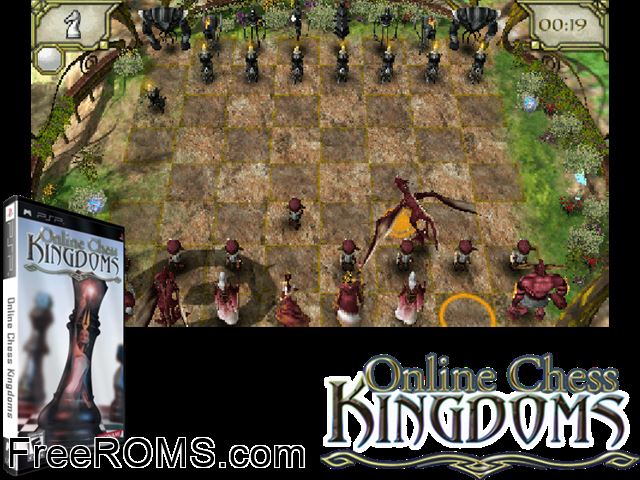 Online Chess Kingdoms PSP game showing 3D box cover and gameplay screenshot
