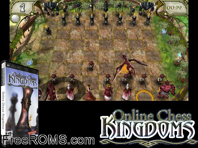 Online Chess Kingdoms (Europe) PSP game showing 3D box cover and gameplay screenshot