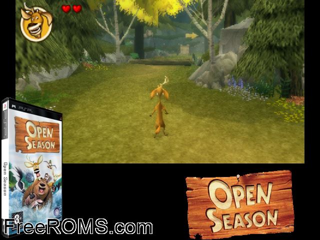 Open Season (Europe) PSP game showing 3D box cover and gameplay screenshot