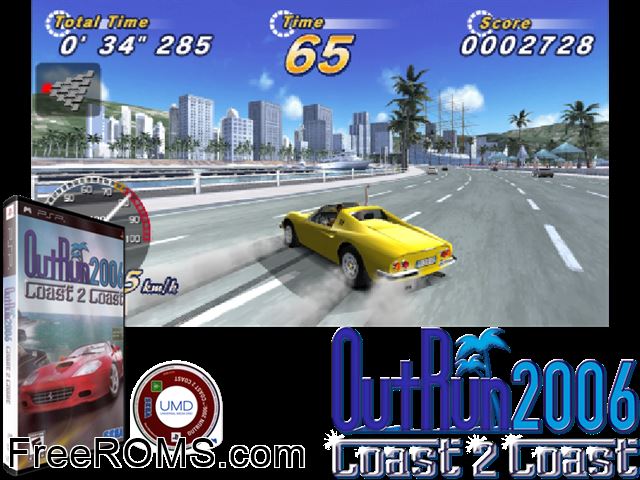 Outrun 2006 - Coast 2 Coast PSP game showing 3D box cover and gameplay screenshot