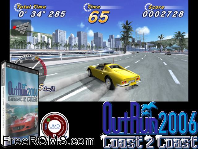 Outrun 2006 - Coast 2 Coast (Europe) PSP game showing 3D box cover and gameplay screenshot