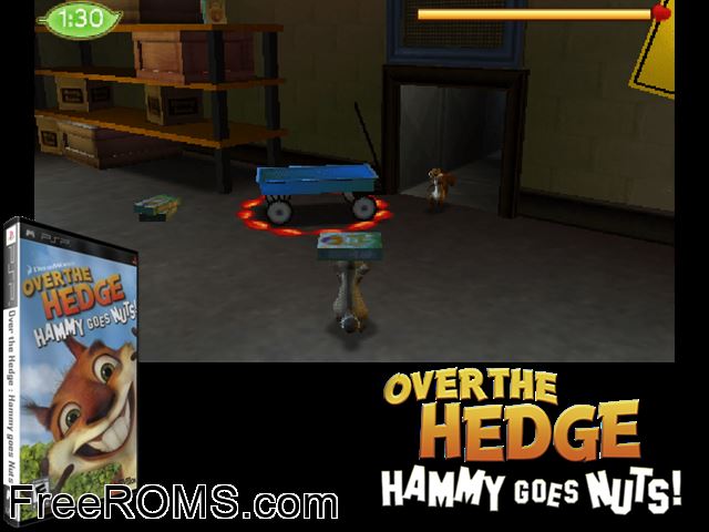 Over The Hedge - Hammy Goes Nuts! PSP game showing 3D box cover and gameplay screenshot