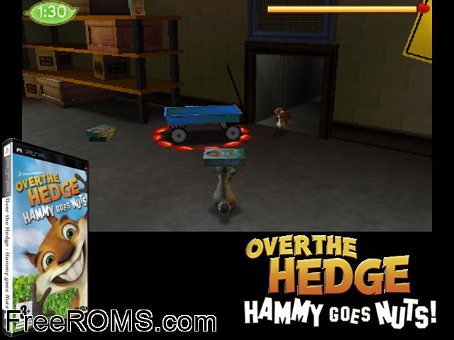 Over The Hedge - Hammy Goes Nuts! (Europe) PSP game showing 3D box cover and gameplay screenshot