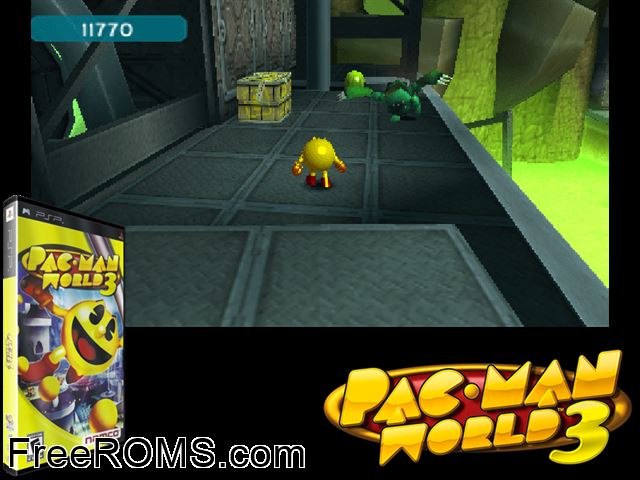 Pac-Man World 3 PSP game showing 3D box cover and gameplay screenshot